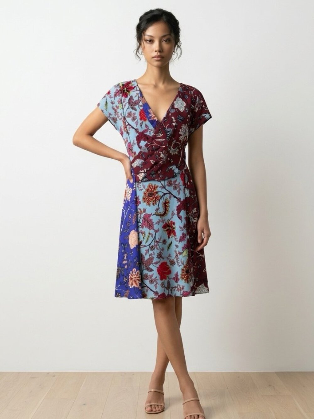 DVF Diane von Furstenberg Silk Floral Colorblock V-Neck Dress Boho Size 4